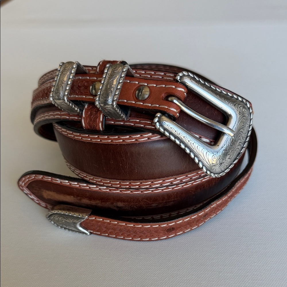 Western Ranger Style Tooled Leather Belt Engraved Buckle Brown 36